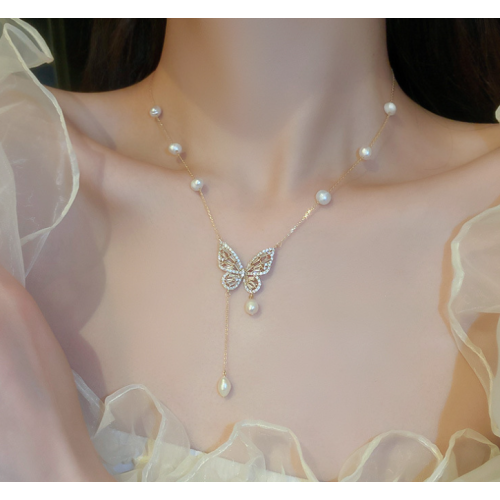 New White Pearl Butterfly Necklace Ladies Exquisite Clavicle Chain Necklace Jewelry for Ladies Gift - 794677172015