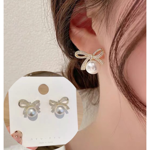New Style Temperament White Color Wedding Bow Stud Earrings for Women Rhinestone Bowknot Ball Earring Girls Party Jewelry - 794677172046
