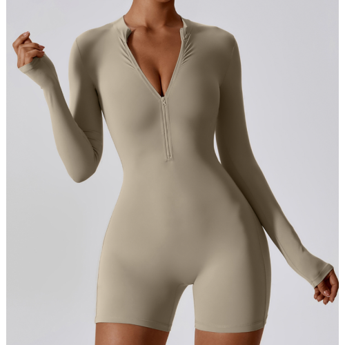 2pcs Beige Yoga Sets Womens Outfits Peach Hip Lifting Suit Neck Hanging Sports Bra Shockproof Quick Drying Shorts Set Female Tracksuit - 794677172094-1