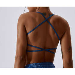 Dark Blue Ladies Sports Bra Sexy Criss Cross Straps Back High Support Impact Yoga Underwear Running Fitness Gym Padded Bralette