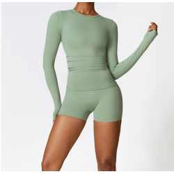 2pcs Green Yoga Sets Womens Outfits Peach Hip Lifting Suit Neck Hanging Sports Bra Shockproof Quick Drying Shorts Set Female Tracksuit