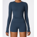 2pcs Dark Blue Yoga Sets Womens Outfits Peach Hip Lifting Suit Neck Hanging Sports Bra Shockproof Quick Drying Shorts Set Female Tracksuit - 794677172092-1