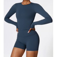 2pcs Dark Blue Yoga Sets Womens Outfits Peach Hip Lifting Suit Neck Hanging Sports Bra Shockproof Quick Drying Shorts Set Female Tracksuit