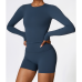 2pcs Dark Blue Yoga Sets Womens Outfits Peach Hip Lifting Suit Neck Hanging Sports Bra Shockproof Quick Drying Shorts Set Female Tracksuit - 794677172092-1