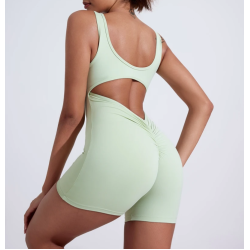 Green sports jumpsuit quick drying integrated V-shaped back running fitness suit tight fitting beautiful back yoga suit