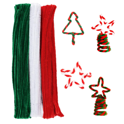 150 Pieces Christmas Pipe Cleaners Chenille Stem,50 White Craft Pipe Cleaners,50 Green Chenille Stems Pipe Cleaners, and 50 Red Pipe Cleaners for Arts and Crafts, Xmas Home Decoration