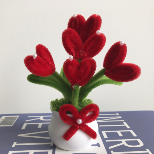 2 PCS * Handmade Pipe Cleaner Red Love Heart Green Leaves with Flowers Potted Plant Artificial Simulation Flowers Indoor Home Desktop Party Wedding Decor