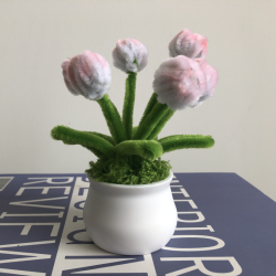 2 PCS * Handmade Pipe Cleaner White &amp; Pink Flower Buds Green Leaves with Flowers Potted Plant Artificial Simulation Flowers Indoor Home Desktop Party Wedding Decor