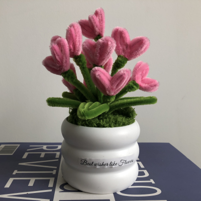 Handmade Pipe Cleaner Pink Love Hearts Green Leaves with Flowers Potted Plant Artificial Simulation Flowers Indoor Home Desktop Party Wedding Decor